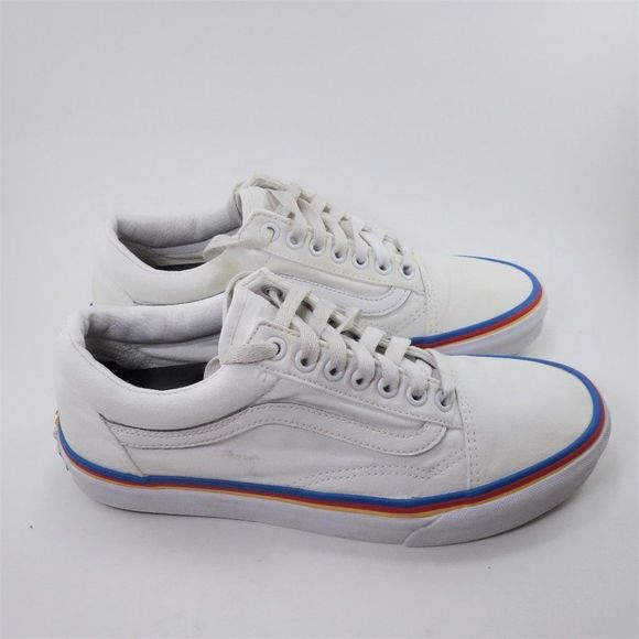 Vans Shoes - Vans Old Skool Womens Size 9 Skate Shoes White w Blue Red Yellow Stripe PLZ READ